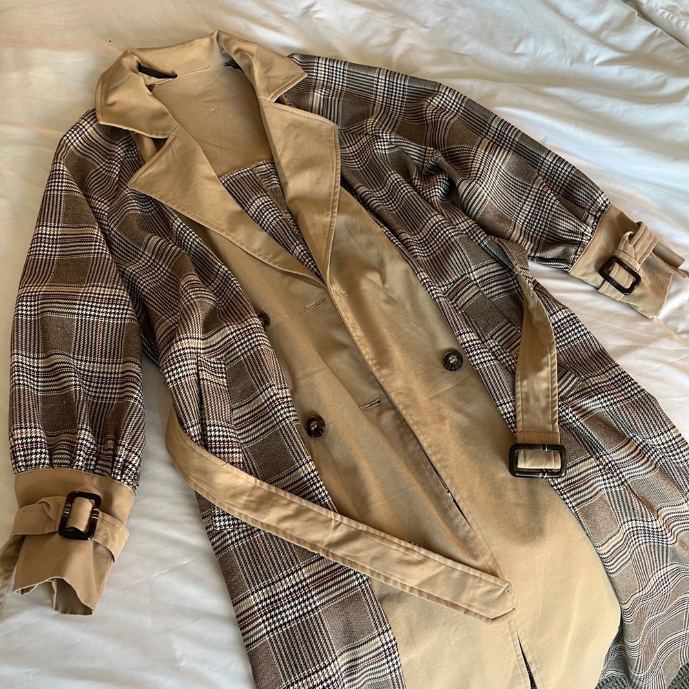 SHEIN Tan and Brown Plaid Women's Trench Coat